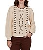 Ruby Rd. Cable Knit Faux Leather Trim Scoop Neck Long Sleeve Sweater - Image 1