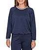 Ruby Rd. Contrast Stripe Crew Neck Long Raglan Sleeve Cinched Bubble Hem Knit Top, Color:Navy - Image 1