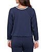 Ruby Rd. Contrast Stripe Crew Neck Long Raglan Sleeve Cinched Bubble Hem Knit Top, Color:Navy - Image 2