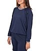 Ruby Rd. Contrast Stripe Crew Neck Long Raglan Sleeve Cinched Bubble Hem Knit Top, Color:Navy - Image 4
