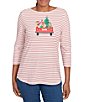 Ruby Rd. Cotton Blend Boat Neck 3/4 Sleeve Stripe Christmas Truck Top, Color:Lipstick Multi - Image 1