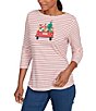 Ruby Rd. Cotton Blend Boat Neck 3/4 Sleeve Stripe Christmas Truck Top, Color:Lipstick Multi - Image 4