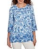 Ruby Rd. Cotton-Blend Embroidered Printed Scoop Neck 3/4 Sleeve Top, Color:French Blue Multi - Image 1