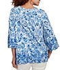 Ruby Rd. Cotton-Blend Embroidered Printed Scoop Neck 3/4 Sleeve Top, Color:French Blue Multi - Image 2