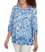 Ruby Rd. Cotton-Blend Embroidered Printed Scoop Neck 3/4 Sleeve Top, Color:French Blue Multi - Image 4