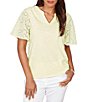 Ruby Rd. Cotton Jersey Knit Split V-Neck Short Eyelet Sleeve Top - Image 1