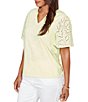 Ruby Rd. Cotton Jersey Knit Split V-Neck Short Eyelet Sleeve Top - Image 4