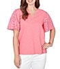 Ruby Rd. Cotton Jersey Knit Split V-Neck Short Eyelet Sleeve Top - Image 1