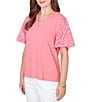 Ruby Rd. Cotton Jersey Knit Split V-Neck Short Eyelet Sleeve Top - Image 3
