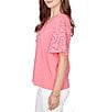 Ruby Rd. Cotton Jersey Knit Split V-Neck Short Eyelet Sleeve Top - Image 4
