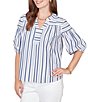 Ruby Rd. Cotton Poplin Spliced Stripe Split V-Neck Elbow Sleeve Top - Image 1