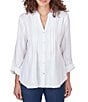 Color:White - Image 1 - Cotton Split V-Neck Long Roll-Tab Sleeve Button-Front Dobby Blouse
