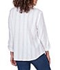 Color:White - Image 2 - Cotton Split V-Neck Long Roll-Tab Sleeve Button-Front Dobby Blouse
