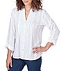 Color:White - Image 3 - Cotton Split V-Neck Long Roll-Tab Sleeve Button-Front Dobby Blouse