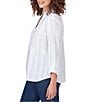 Color:White - Image 4 - Cotton Split V-Neck Long Roll-Tab Sleeve Button-Front Dobby Blouse