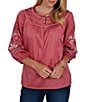 Ruby Rd. Cotton Voile Embroidered Round Neck 3/4 Sleeve Top - Image 1