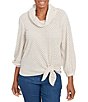 Ruby Rd. Cowl Neck 3/4 Sleeve Side Tie Honeycomb Knit Top, Color:Ivory/Black - Image 1