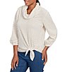 Ruby Rd. Cowl Neck 3/4 Sleeve Side Tie Honeycomb Knit Top, Color:Ivory/Black - Image 4