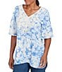 Ruby Rd. Crepe Gauze Embroidered Tie-Dye V-Neck Elbow Sleeve Top, Color:Blue Sky/Multi - Image 4