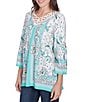 Ruby Rd. Crepe Knit Printed Lace Trim V-Neck 3/4 Sleeve Top, Color:Julep Multi - Image 4