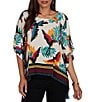 Ruby Rd. Crepe Paradise Bird Scoop Neck Short Sleeve Tassel Hem Top - Image 1