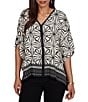 Ruby Rd. Crepe Shibori Geometric V-Neck Short Sleeve Contrast Trim Top - Image 1
