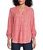 Ruby Rd. Crinkle Knit Stripe V-Neck Long Roll-Tab Sleeve Henley Top, Color:Chili/Multi - Image 1