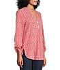 Ruby Rd. Crinkle Knit Stripe V-Neck Long Roll-Tab Sleeve Henley Top, Color:Chili/Multi - Image 3