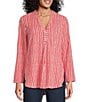 Ruby Rd. Crinkle Knit Stripe V-Neck Long Roll-Tab Sleeve Henley Top, Color:Chili/Multi - Image 5
