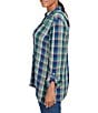 Ruby Rd. Crinkle Woven Plaid Collared V-Neck Long Roll-Tab Sleeve Button-Front Shirt, Color:Teal Multi - Image 3