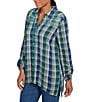 Ruby Rd. Crinkle Woven Plaid Collared V-Neck Long Roll-Tab Sleeve Button-Front Shirt, Color:Teal Multi - Image 4