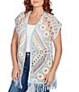Ruby Rd. Crochet Geometric Cap Sleeve Open-Front Cardigan, Color:Blue Sky Multi - Image 4