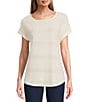 Ruby Rd. Crochet Knit Boat Neck Short Button Tab Sleeve Top, Color:Canvas - Image 1