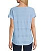 Ruby Rd. Crochet Knit Boat Neck Short Button Tab Sleeve Top, Color:Chambray - Image 2