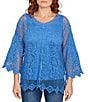 Ruby Rd. Crochet Medallion Floral Pattern Scoop Neck 3/4 Wide Flared Sleeve Top, Color:Ultramarine - Image 1