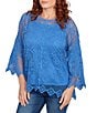 Ruby Rd. Crochet Medallion Floral Pattern Scoop Neck 3/4 Wide Flared Sleeve Top, Color:Ultramarine - Image 4