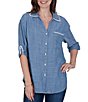 Ruby Rd. Crosshatch Tencel Point Collar 3/4 Sleeve Crochet Trim Whipstitch Embroidery Button Front Shirt - Image 1