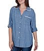 Ruby Rd. Crosshatch Tencel Point Collar 3/4 Sleeve Crochet Trim Whipstitch Embroidery Button Front Shirt - Image 3