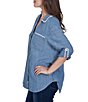 Ruby Rd. Crosshatch Tencel Point Collar 3/4 Sleeve Crochet Trim Whipstitch Embroidery Button Front Shirt - Image 4