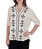 Ruby Rd. Double Cotton Gauze Embroidered Point Collar 3/4 Roll-Tab Sleeve Button-Front Shirt - Image 3