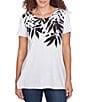Ruby Rd. Embellished Abstract Palm Print Crew Neck Short Sleeve T-Shirt, Color:White/Black - Image 1