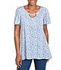 Ruby Rd. Embellished Beaded Macrame Scoop Neck Short Sleeve Top, Color:BlueSky/Multi - Image 1