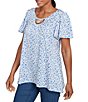 Ruby Rd. Embellished Beaded Macrame Scoop Neck Short Sleeve Top, Color:BlueSky/Multi - Image 4