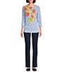 Ruby Rd. Embellished Floral Print Boat Neck 3/4 Sleeve Top, Color:Bluebird Multi - Image 3
