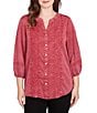 Ruby Rd. Embroidered Floral Twill Banded Collar 3/4 Sleeve Button Front Shirt, Color:Sangria - Image 1