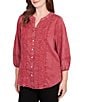 Ruby Rd. Embroidered Floral Twill Banded Collar 3/4 Sleeve Button Front Shirt, Color:Sangria - Image 4