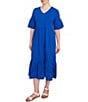 Ruby Rd. Embroidered V-Neck Elbow Sleeve Tiered Hem Midi Dress, Color:French Blue - Image 3