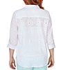 Color:White - Image 2 - Eyelet Diamond Woven Point Collar 3/4 Roll-Tab Sleeve Button-Front Shirt