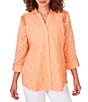 Color:Cantaloupe - Image 1 - Eyelet Diamond Woven Point Collar 3/4 Roll-Tab Sleeve Button-Front Shirt