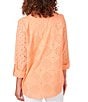Color:Cantaloupe - Image 2 - Eyelet Diamond Woven Point Collar 3/4 Roll-Tab Sleeve Button-Front Shirt
